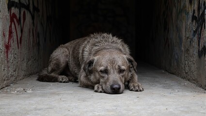 A sad stray dog in a gritty alleyway illuminated by gentle light exuding loneliness and emotion