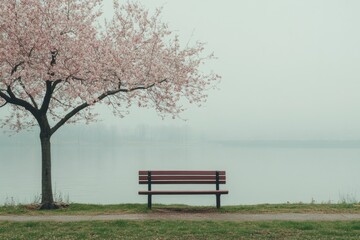 Fototapeta premium A tranquil scene featuring a park bench beside a calm lake, framed by a blooming cherry blossom tree under soft foggy light, evoking peace and solitude in nature.
