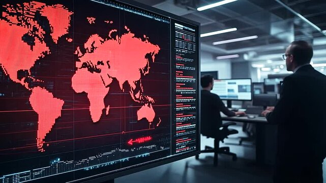 A virtual global economy map with red arrows indicating increasing tariff rates, analysts in a modern office intensely monitoring trade trends and economic projections on large dig