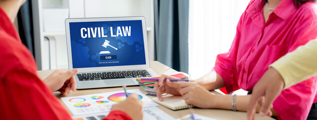 Civil law brisk information showing on computer screen for Common Justice Legal Regulation Rights...
