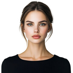 A Woman with Neutral Expression Wearing Black Shirt and Earrings Isolated on Transparent Background