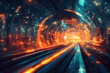 Futuristic subway tunnel with vibrant lights and sleek tracks in a high-tech urban environment at night