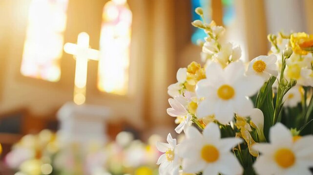 Spring flowers in white colors with soft focus church interior and cross in background. Easter celebration concept. Perfect for spiritual events and seasonal worship services