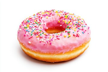 A delicious donut with pink frosting and colorful sprinkles on a white background in close up view on transparent background
