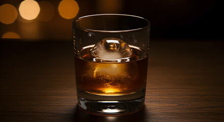 Sophisticated Whiskey Cocktail with Ice Sphere on Elegant Dark Wood Surface
