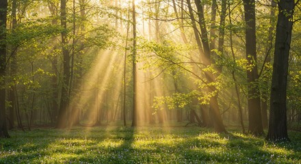Obraz premium Spring landscape with blooming trees under golden light 