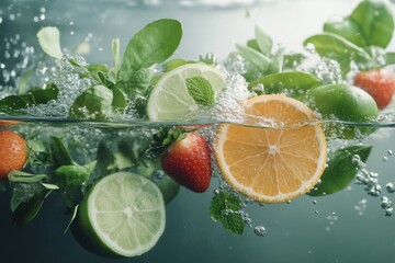Fresh fruits and herbs splashing into clear water creating a refreshing composition in a lively kitchen setting