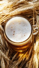 Overhead view of a frosty beer mug topped with foam surrounded by wheat stalks celebrating freshness