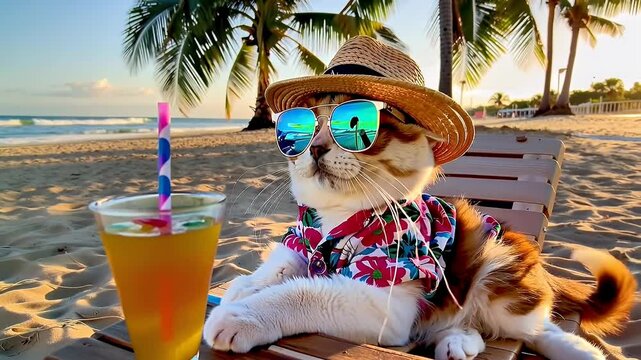 Cat on a beach lounger on a paradisiacal beach sipping a refreshing drink