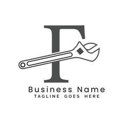 Letter F Wrench logo. Alphabet F Plumber and Maintenance Icon