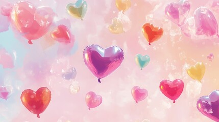 Cheerful scene of heart shaped balloons floating against a soft pastel pink background