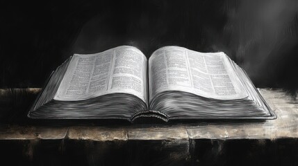 Open Bible on a Rustic Tabletop, illuminated by mystic light