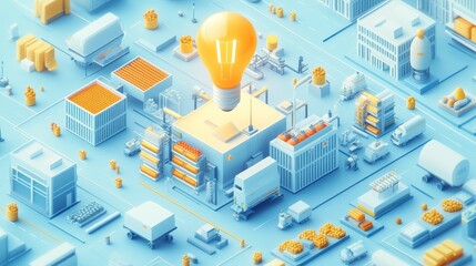 Obraz premium Abstract isometric factory with lightbulb, innovation concept