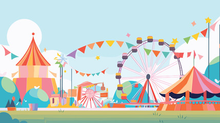Colorful cartoon amusement park with ferris wheel and tents in a cheerful landscape