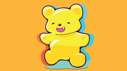 Yellow cartoon gummy bear with blue and red shadows on orange background