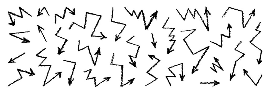 Arrow icon. Zig zag vector set. Zigzag bolt with chalk texture. Curve crayon shape illustration on white. Electric thunder doodle scribble. Strike line, png flash power. Thin arow bg. Zigzag arrow set