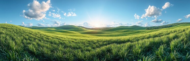Obraz premium Panoramic View Of Rolling Green Hills Under Sunny Sky