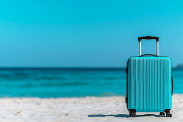 blue suitcase on sandy beach with clear sea background evokes sense of adventure and travel. Perfect for vacation planning and wanderlust inspiration