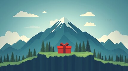 A red gift box sits in front of a mountain range