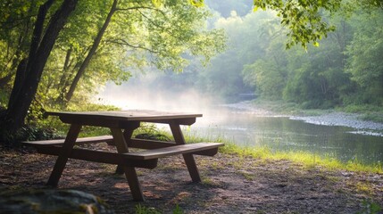 A wooden picnic table overlooking a tranquil river, surrounded by nature, soft morning light generative ai