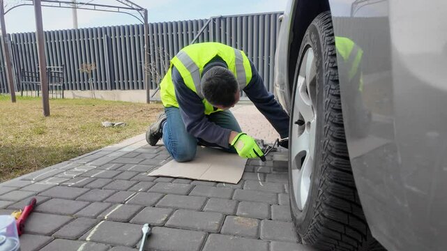 A guy changes tire on street to summer tire in nature