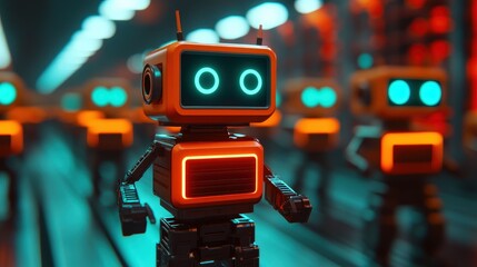 Naklejka premium Futuristic Orange Robots Walking in Neon Lit Cityscape