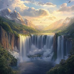 Fototapeta premium Majestic mountain waterfalls at sunset with soaring birds and lush greenery