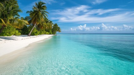 Fototapeta premium Idyllic tropical beach paradise with turquoise water and coconut palm trees