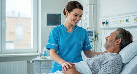Smiling White Female Nurse in Blue Scrubs Caring for Elderly White Male Patient in Hospital Room