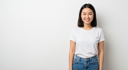 Smiling Asian Woman with Straight Shoulder-Length Hair in White T-Shirt and Blue Jeans Standing Against White Background