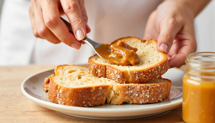 Hands spreading almond butter on whole-grain toast, nutritious lifestyle