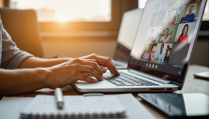 Focused hands typing during virtual meeting in a warm workspace, productivity