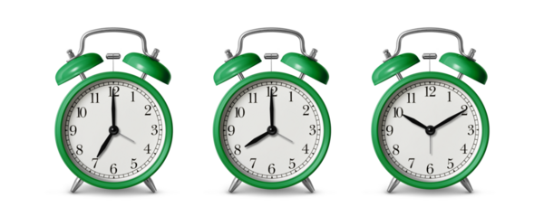 Green twin bell Alarm Clock analog classic vintage retro style, isolated on a transparent background, PNG. High resolution.