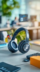 Gray over-ear headphones on desk