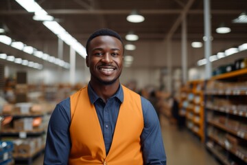 Fototapeta premium Portrait of happy African American salesman standing in appliance showroom