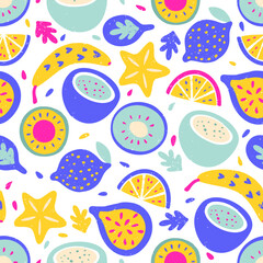 Tropical Exotic Fruit Pattern Crayon Bg Kiwi Lemon Banana Carambola Coconut Mix Texture Summer Vector Chalk Seamless Abstract Background