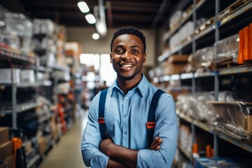 Obraz premium Portrait of happy African American salesman standing in appliance showroom