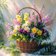 spring bouquet in a basket with multi-colored daffodils, viola and cherry
