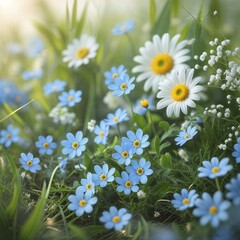 delicate spring bouquet of daisies and forget-me-nots in a basket
