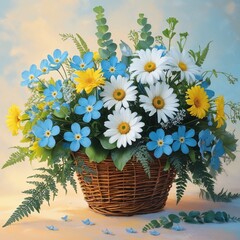 delicate spring bouquet of daisies and forget-me-nots in a basket