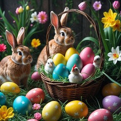 Easter card with bunnies and colorful eggs in a wicker basket against a background of spring flowers