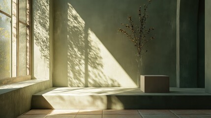 A stylish 3D interior with a muted olive green palette, a simple podium, and soft sunlight casting delicate shadows.