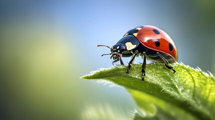 A ladybug perched on a green leaf, with a bright blue sky in the background, its vivid red color creating a beautiful contrast against the natural landscape.
