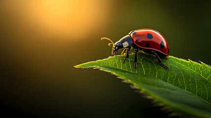 Fototapeta premium A ladybug perched gracefully on a green leaf, its red shell with black spots clearly visible under the soft glow of early morning light.