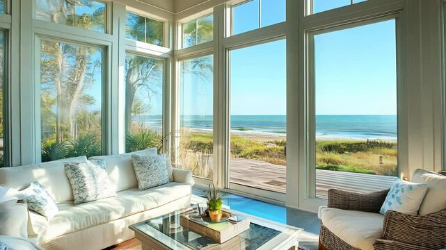 Bright coastal living room with large glass windows and ocean view in a modern beachfront house