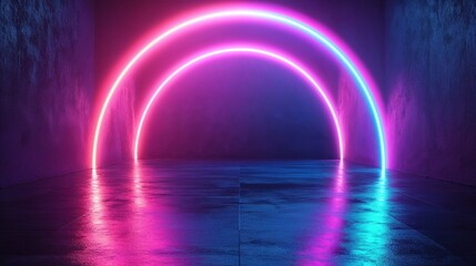 Neon semicircle in a room, vibrant and modern, representing a portal or stage