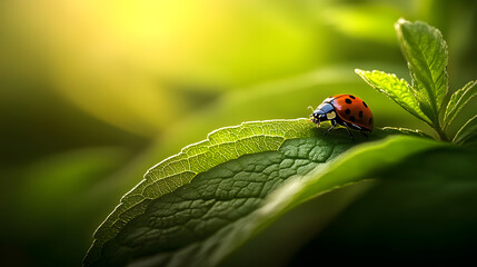 Obraz premium A ladybug resting on a lush green leaf, with bright sunlight shining through the leaves creating a beautiful pattern of light and shadows around it.
