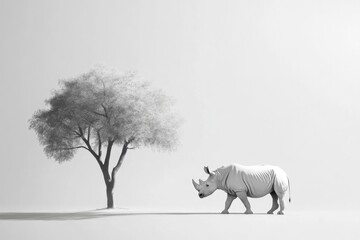 A minimalist depiction of a rhinoceros adrift in an empty space near a tree, symbolizing solitude and the fragility of wildlife in modern landscapes.