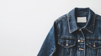 A stylish denim jacket laid flat, displayed on a white background with room for text