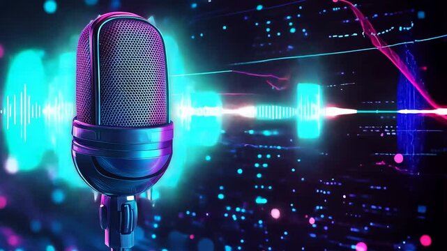 Futuristic microphone with neon light and soundwave background in digital abstract scene with glowing elements